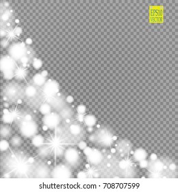 Snow, star, glitter line on a transparent background. Vector illustration 10 EPS. Abstract snowflake background. Festive shine ribbon. For Christmas, New Year, Birthday, holiday party invitation card