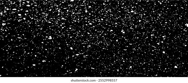 Nieve, estrellas, luces brillantes de hadas, gotas de lluvia sobre fondo negro. Ruido Abstractas del Vector. Pequeñas partículas de escombros y polvo. Superposición de textura grunge desigual afligida.
