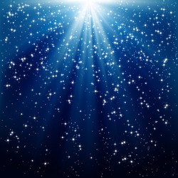 Snow And Stars Are Falling On The Background Of Blue Luminous Rays.