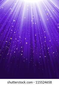 Snow and stars are falling on the background of purple luminous rays. EPS 8 vector file included