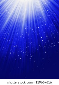 Snow and stars are falling on the background of blue luminous rays. EPS 8 vector file included