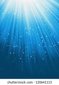 Snow and stars are falling on the background of blue luminous rays. EPS 8 vector file included