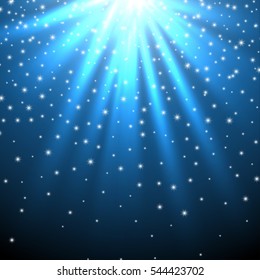 Snow and stars are falling on the background of blue luminous rays. Vector illustration.