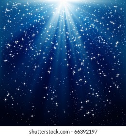 Snow and stars are falling on the background of blue luminous rays.