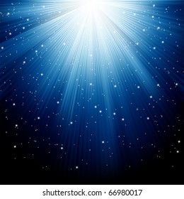 Snow And Stars Are Falling On The Background Of Blue Luminous Rays. EPS 8 Vector File Included