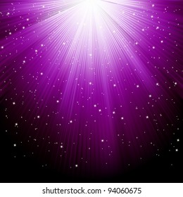 Snow and stars are falling on the background of purple luminous rays. EPS 8 vector file included