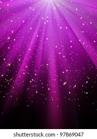 Snow and stars are falling on the background of purple luminous rays. EPS 8 vector file included