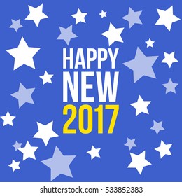 Snow with stars Happy new year 2017 postcard template isolated on blue background.