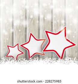 Snow with stars on the wooden background. Eps 10 vector file.