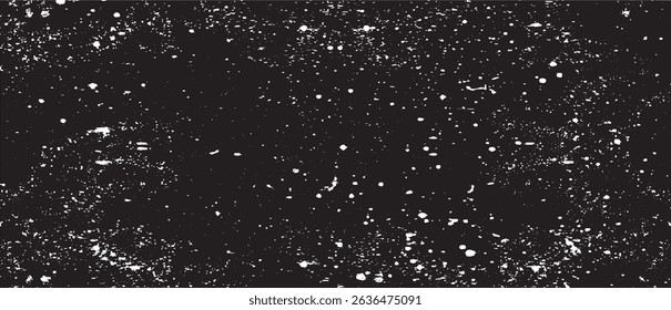 Snow, stars, twinkling lights, rain drops on black background. Abstract vector noise. Small particles of debris and dust. Distressed uneven grunge texture overlay.