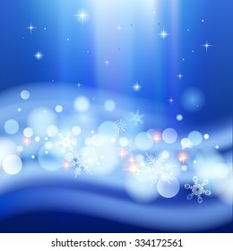 Snow storm background in the starry night. Christmas and New Year greeting card. Vector illustration