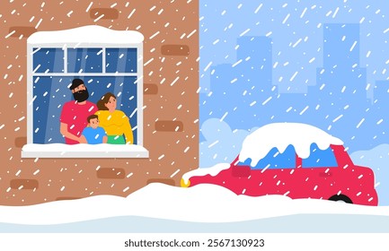 snow storm blizzard family looking throught the window from home winter weather vector illustration