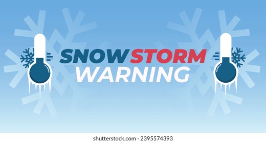 Snow storm warning. Heavy snowfall alert. Background, banner, wallpaper with frozen thermometer, snowflakes and typography. Vector illustration.