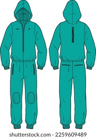 Snow suit Hoodie jacket design flat sketch Illustration, Hooded rain coat with front and back view, Ski overall suit winter jacket for Men and women for outerwear and long weather jacket