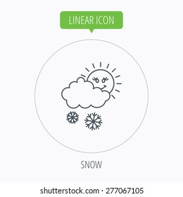 Snow with sun icon. Snowflakes with cloud sign. Snowy overcast symbol. Linear outline circle button. Vector