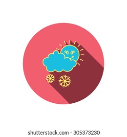 Snow with sun icon. Snowflakes with cloud sign. Snowy overcast symbol. Red flat circle button. Linear icon with shadow. Vector
