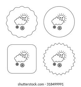 Snow with sun icon. Snowflakes with cloud sign. Snowy overcast symbol. Flat circle, star and emblem buttons. Labels design. Vector