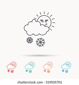 Snow with sun icon. Snowflakes with cloud sign. Snowy overcast symbol. Linear icons on white background. Vector