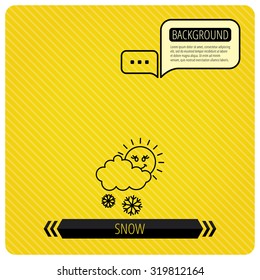 Snow with sun icon. Snowflakes with cloud sign. Snowy overcast symbol. Chat speech bubbles. Orange line background. Vector.