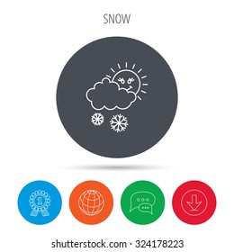 Snow with sun icon. Snowflakes with cloud sign. Snowy overcast symbol. Globe, download and speech bubble buttons. Winner award symbol. Vector