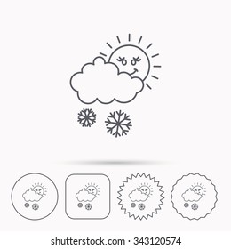 Snow with sun icon. Snowflakes with cloud sign. Snowy overcast symbol. Linear circle, square and star buttons with icons.