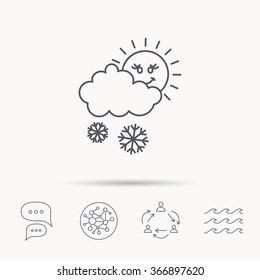 Snow with sun icon. Snowflakes with cloud sign. Snowy overcast symbol. Global connect network, ocean wave and chat dialog icons. Teamwork symbol.