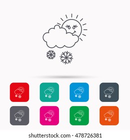 Snow with sun icon. Snowflakes with cloud sign. Snowy overcast symbol. Linear icons in squares on white background. Flat web symbols. Vector