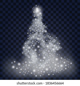 Snow swirl, Christmas tree. Glowing sparkles and snowflakes, winter blizzard. Silver wavy fog and luminous star dust.  Isolated element on transparent background. Abstract vector illustration