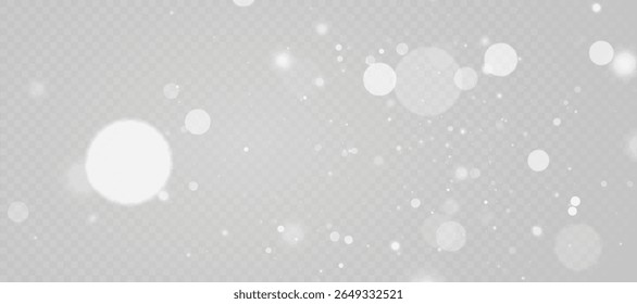 A neve gira com partículas brancas brilhantes e bokeh destaca no fundo transparente. Efeito de sobreposição para cenas de inverno, modelos de Natal e ilustrações de férias.