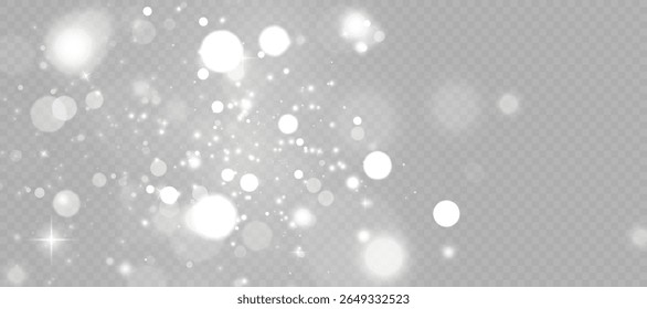 A neve gira com partículas brancas brilhantes e bokeh destaca no fundo transparente. Efeito de sobreposição para cenas de inverno, modelos de Natal e ilustrações de férias.