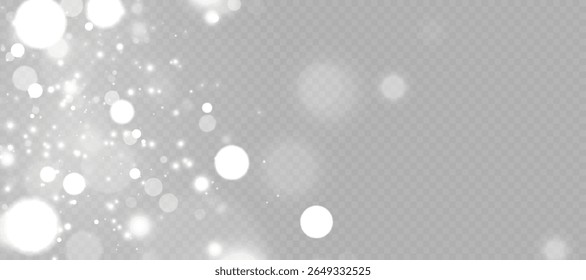 A neve gira com partículas brancas brilhantes e bokeh destaca no fundo transparente. Efeito de sobreposição para cenas de inverno, modelos de Natal e ilustrações de férias.
