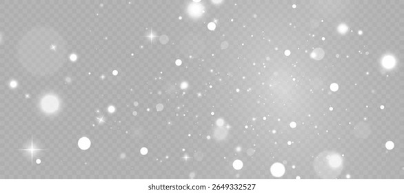 Snow swirl with glowing white particles and bokeh highlights on transparent background. Overlay effect for winter scenes, Christmas templates and holiday illustrations.