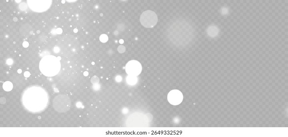 A neve gira com partículas brancas brilhantes e bokeh destaca no fundo transparente. Efeito de sobreposição para cenas de inverno, modelos de Natal e ilustrações de férias.