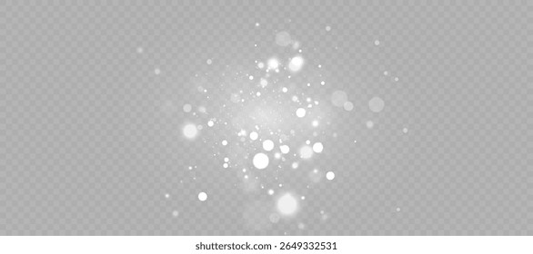 A neve gira com partículas brancas brilhantes e bokeh destaca no fundo transparente. Efeito de sobreposição para cenas de inverno, modelos de Natal e ilustrações de férias.