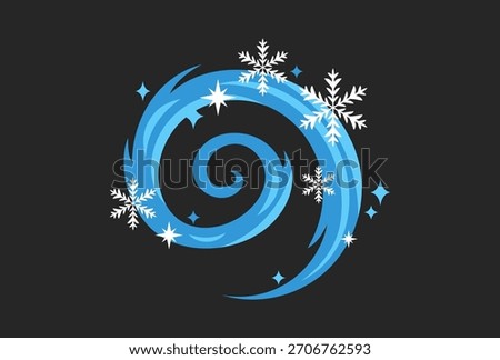Snow swirl vector illustration, hand drawn winter element with cold wind, snowflakes and stars Xmas mood design