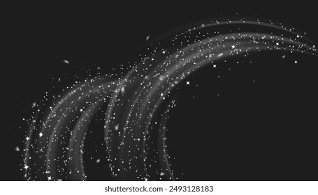 Snow swirls isolated on white background. Vector realistic illustration of shimmering white powder flying in darkness, frosty winter air during snowstorm, magic snowflakes vortex sparkling at night