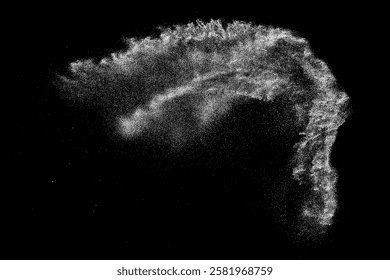 Snow texture isolated on black background. Water splash effect. Dust pattern overlay. Spray freeze. White explosion. Vector illustration, EPS 10. 