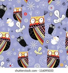 snow texture with owls and snowmen