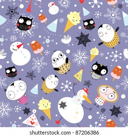 snow texture with owls and snowmen snow texture with owls and snowmen