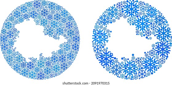 Snow Thuringia Land map collage is composed with circle and cut out shape. Vector Thuringia Land map collage of snow items in variable sizes and blue color tinges. Designed for winter purposes.