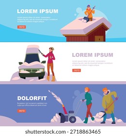 Snow time. vector banners with People shoveling snow on streets