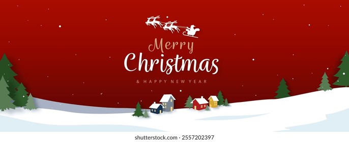 Snow town Christmas banner background with greeting text, vector design 