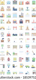 snow town in winter related buildings church, hotel, cottage, school, parking, garage, and factory with train, van, sign board,  icicles, lighthouse, circus, and snowman vector in flat design