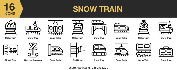 Conjunto de iconos de tren de nieve. Incluye tren, boleto, cierre, ferrocarril y más. Colección de Vector de iconos de contorno.