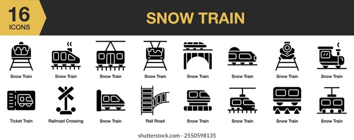 Conjunto de iconos sólidos de Snow Train. Incluye tren, boleto, cierre, ferrocarril y más. Colección de Vector de iconos sólidos.