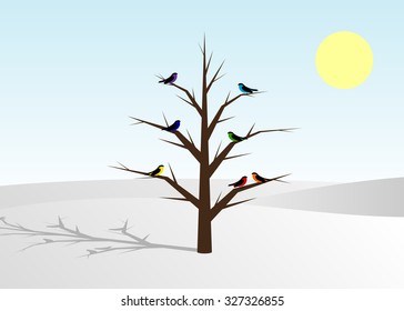  snow and a tree with birds