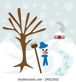 snow tree hill and house with snowman and some footsteps