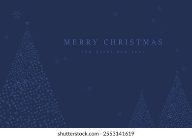snow tree with A Merry Christmas and Happy New Year text for greeting card vector. Christmas tree ceated in snow flakes, white snow flakes on blue background