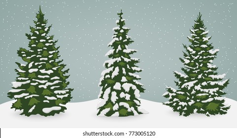 Snow trees set on isolated background. Christmas tree. Vector 