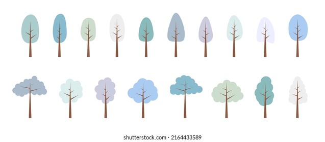 SNOW TREES. Vector set of flat winters trees, forest. Collection elements, various blue snow trees. Nature design flat icon of winter forest. Simple illustration. Minimal cute nature icons.